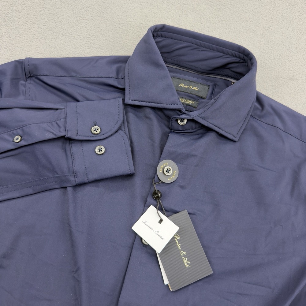 Porter & Ash Kinetic Luxe Slim Dress Shirt Mens S Blue Spread Collar Long Sleeve